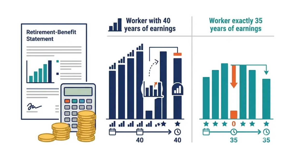 Social Security retirement benefit comparison showing how a missing earnings year can reduce benefits