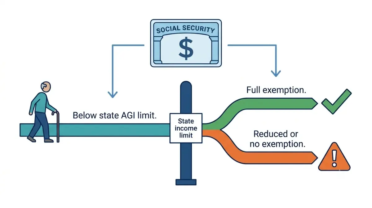 Illustration of how income limits determine whether states tax Social Security benefits fully, partially, or not at all