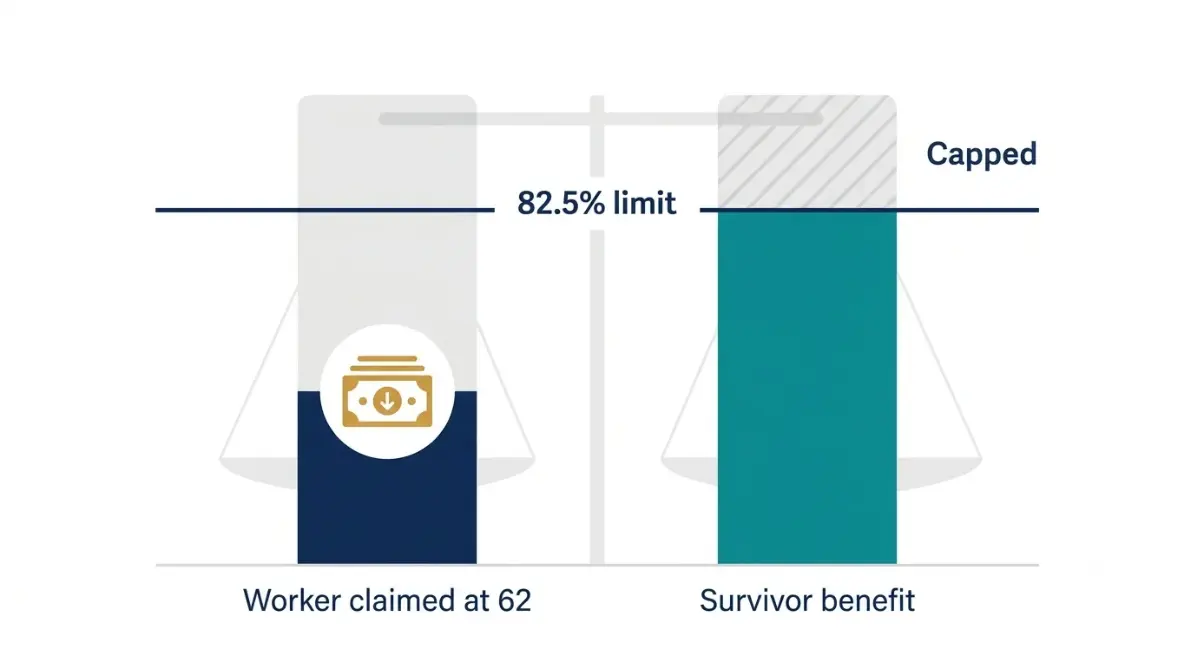 Social Security survivor benefits cap explained with a vector chart showing how the 82.5% limit can reduce a widow or widower’s payment when the deceased worker claimed at 62.
