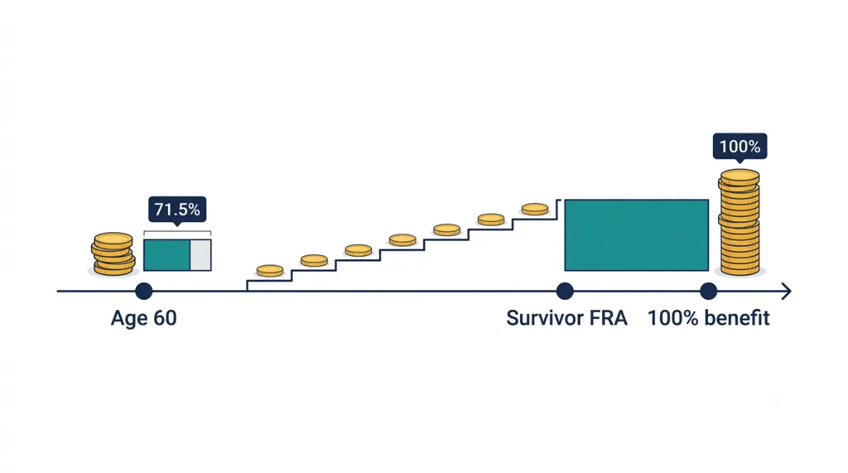 Social Security survivor benefits timeline showing how payments increase month by month from 71.5% at age 60 to 100% at survivor full retirement age.