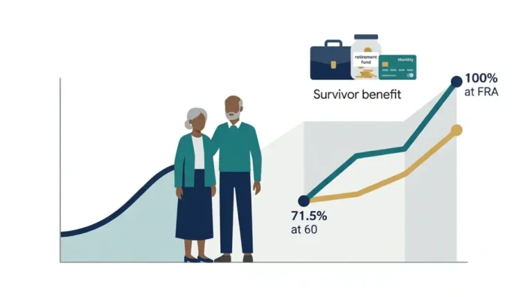 Social Security survivor benefits explained: vector illustration showing how a surviving spouse receives 71.5% of the late worker’s benefit at age 60 and up to 100% at survivor full retirement age.