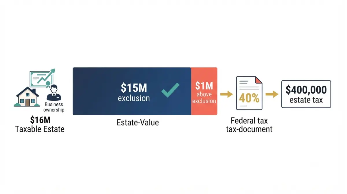 Pays Estate Tax calculation showing a $16 million taxable estate, $15 million exclusion, $1 million taxable excess, and $400,000 federal estate tax.