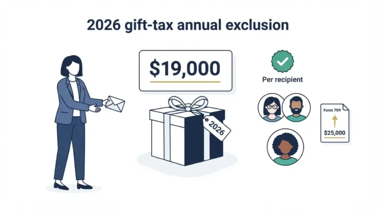 Annual Gift Tax Exclusion illustration showing the 2026 $19,000 federal gift tax limit per recipient.