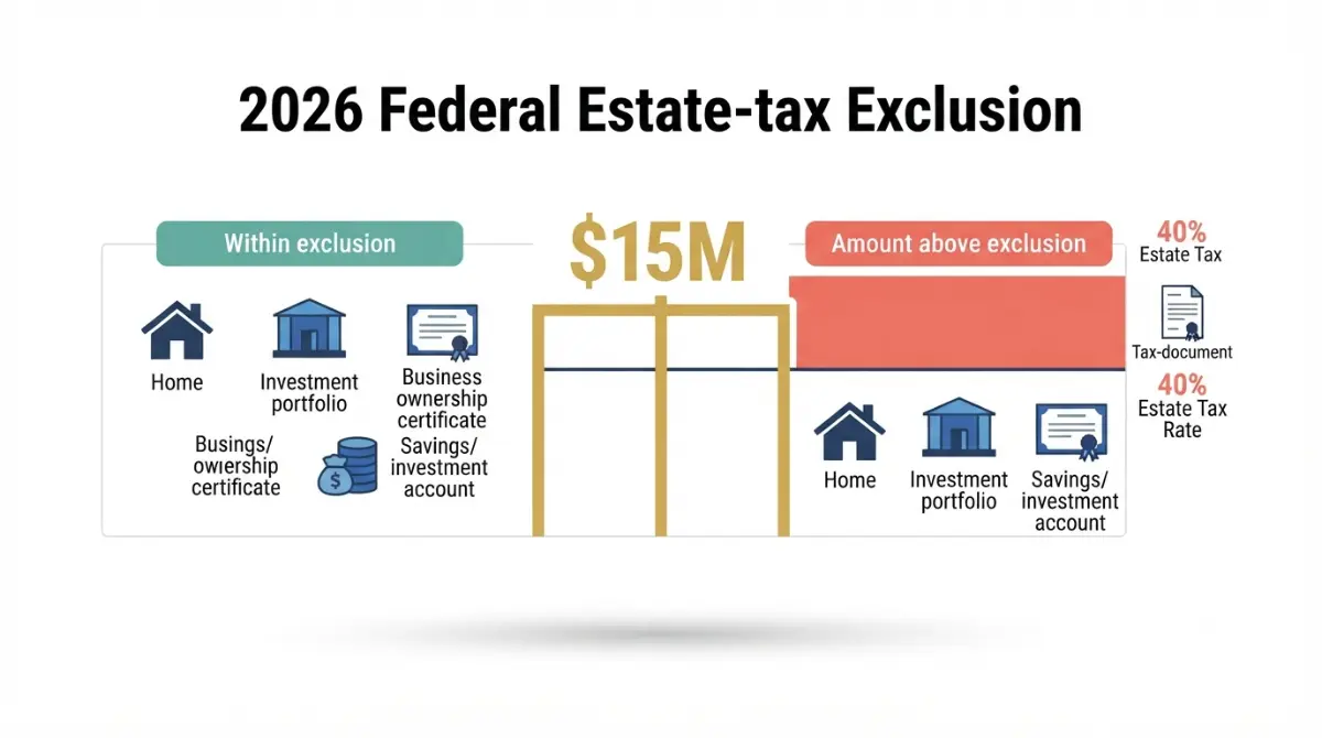 Pays Estate Tax threshold illustration showing the 2026 $15 million federal estate tax exclusion and the taxable amount above it.