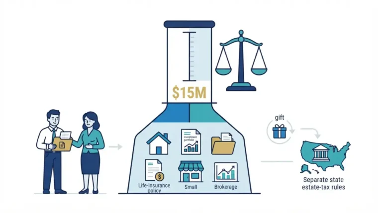 Estate Tax Exemption illustration showing a $15 million federal threshold, family assets, lifetime gifts, surviving spouse planning, and state tax review