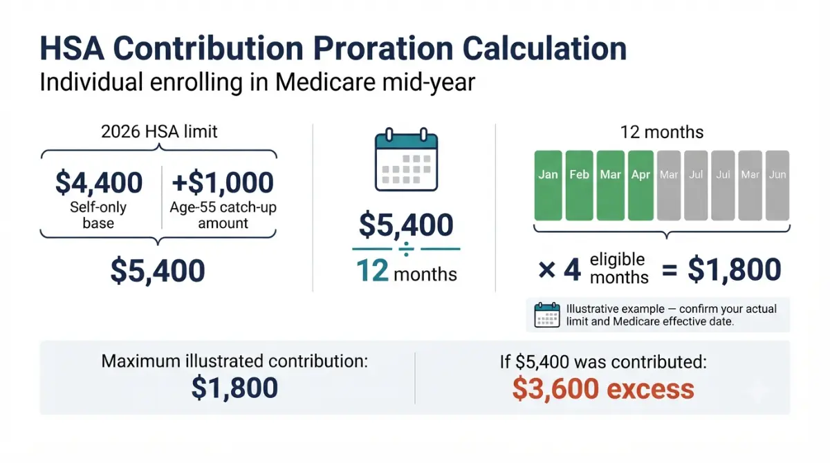 HSA and Medicare Rules: 2026 HSA contribution proration calculation using four eligible months before Medicare enrollment