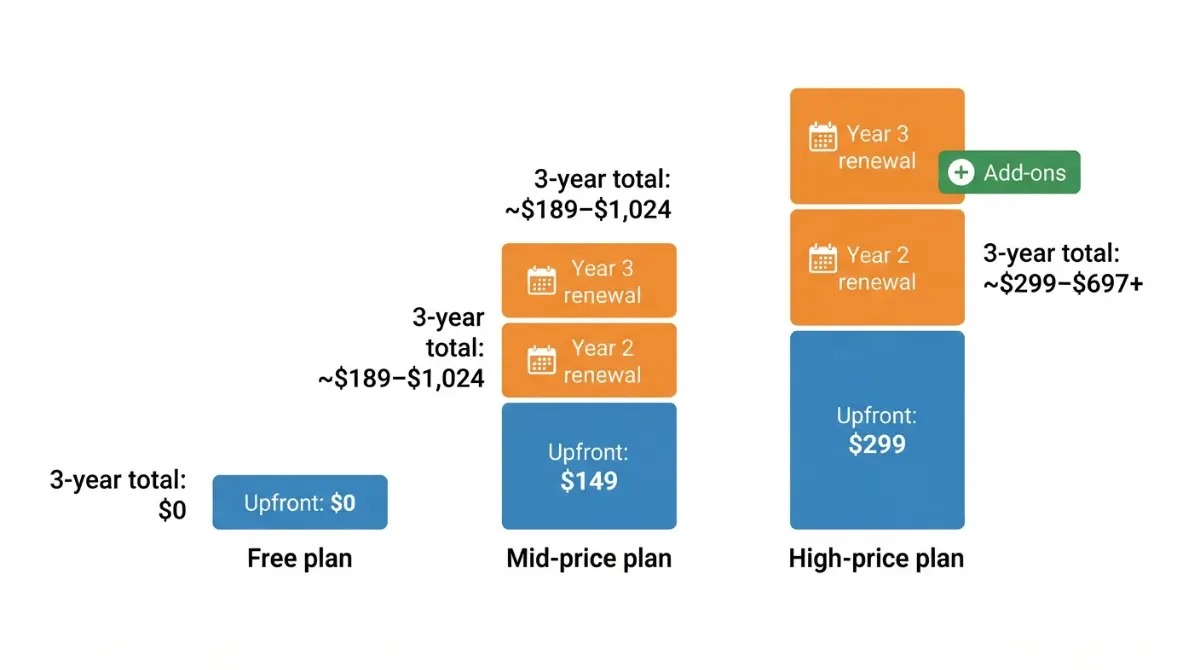 Vector illustration explaining how renewals and add‑ons change the 3‑year cost of an online will