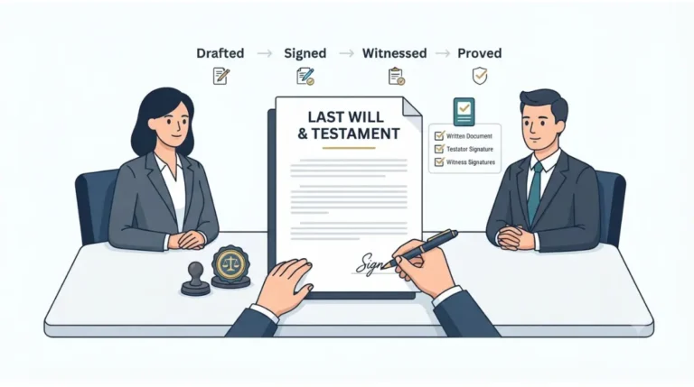 a will execution overview showing the testator, two witnesses, signature, and notary process