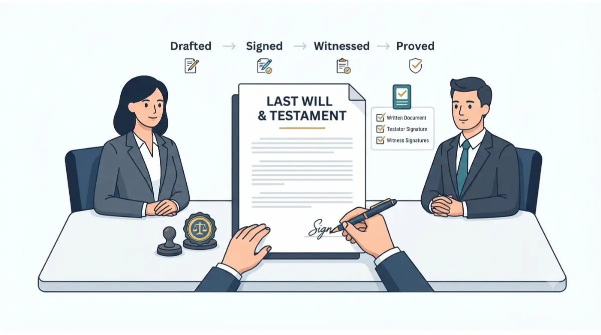 a will execution overview showing the testator, two witnesses, signature, and notary process