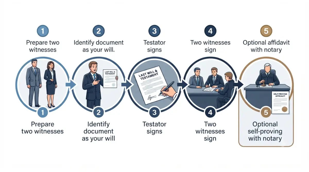 a will signing process showing five steps with the testator, two witnesses, signatures, and self-proving affidavit