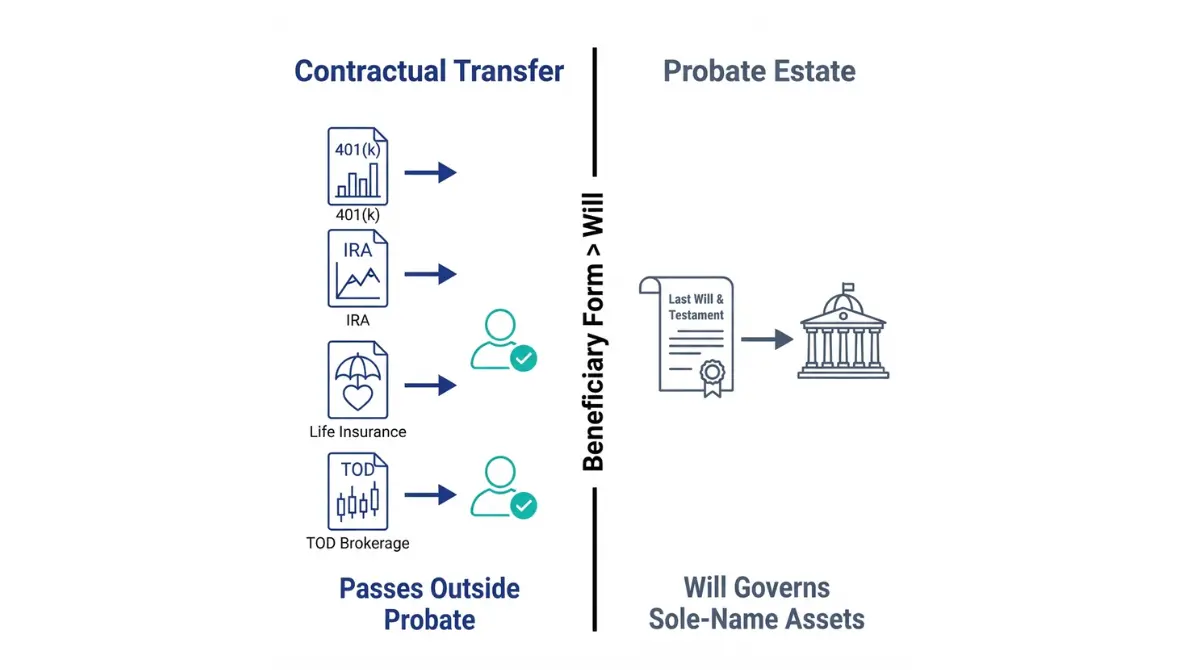 “Estate planning infographic showing beneficiary designation overrides will for retirement and TOD accounts”
