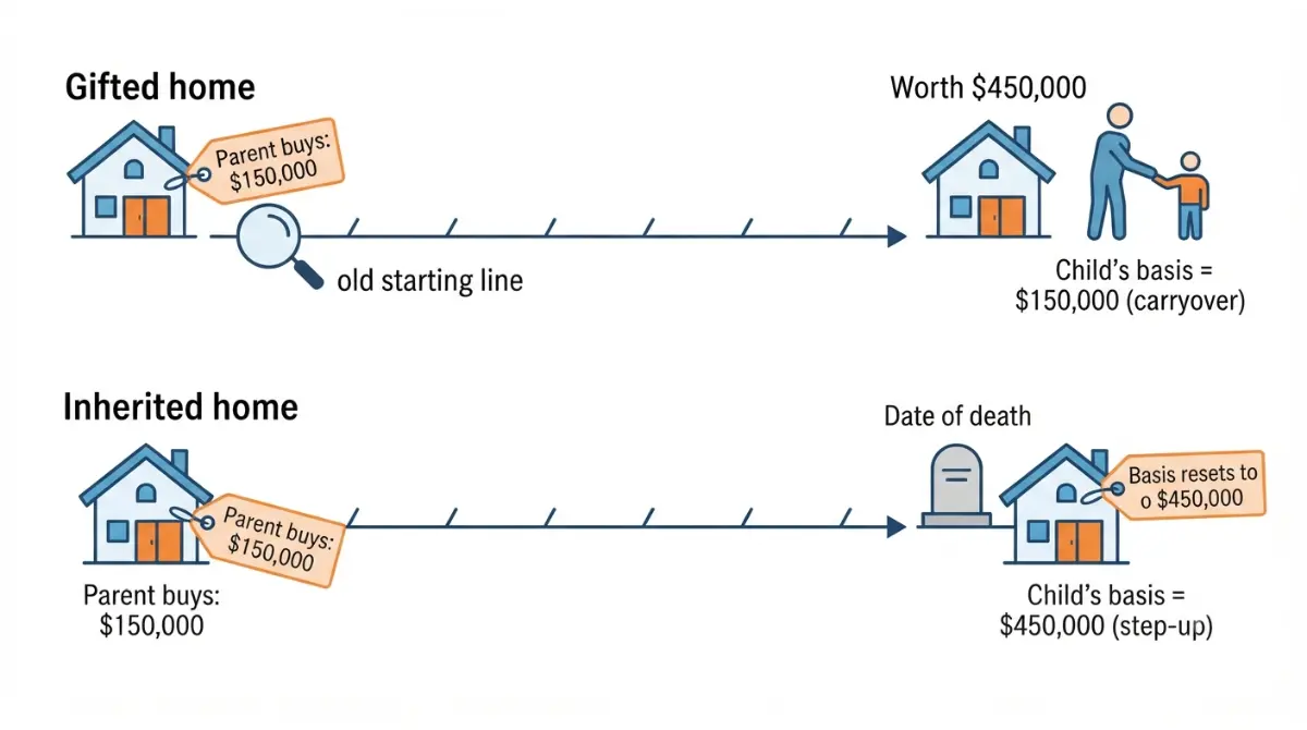 Diagram comparing carryover basis for gifted home and step-up basis for inherited home in a House vs Inheritance scenario