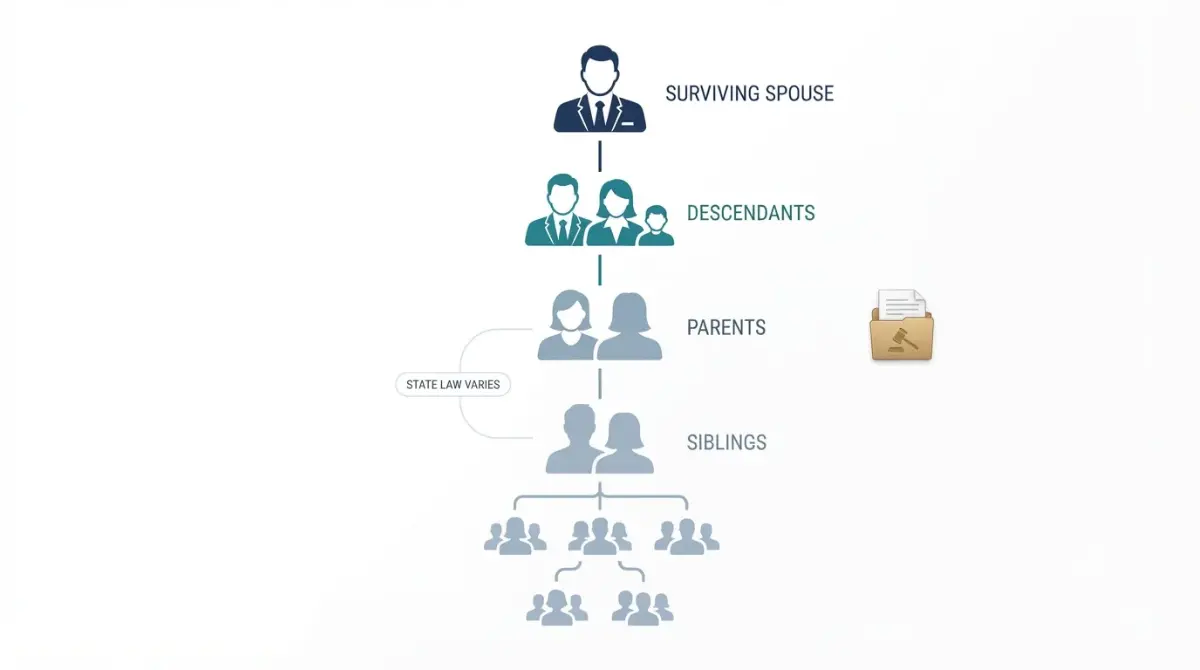 Die without a will: general inheritance hierarchy for spouse, children, parents, and siblings