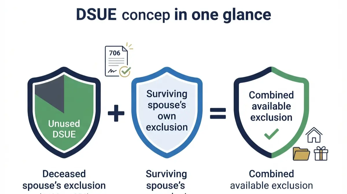 “Portability Election diagram showing a deceased spouse’s unused DSUE added to the surviving spouse’s own federal estate tax exclusion.”