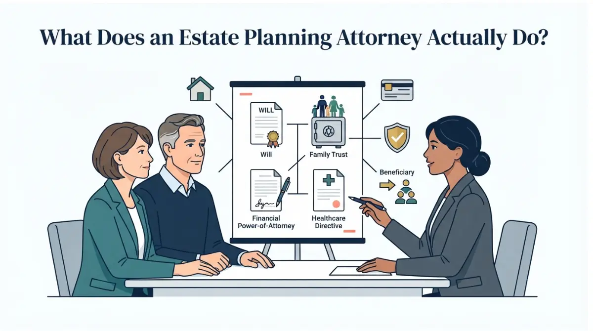 Estate Planning couple reviews wills, powers of attorney, healthcare directives, and beneficiary assets with an attorney