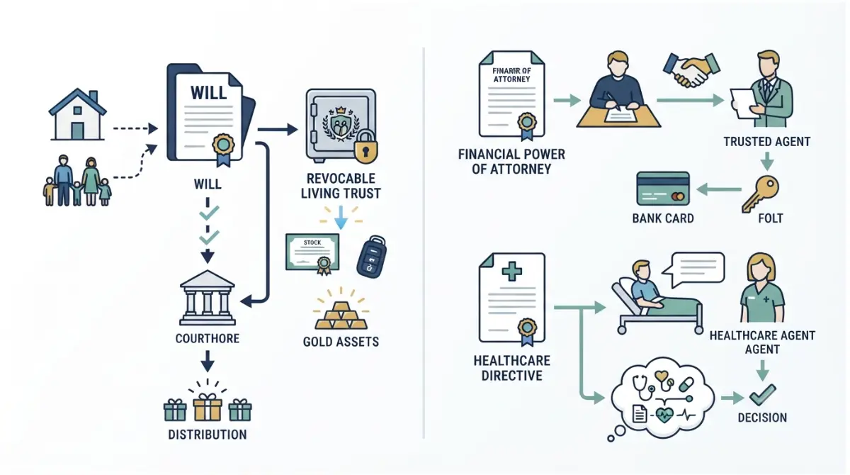 Estate Planning diagram showing a will, living trust, financial power of attorney, and healthcare directive