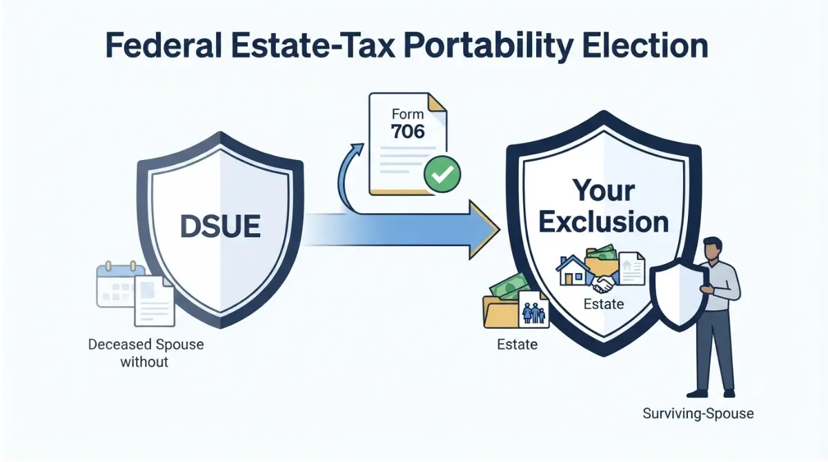 Alt text “Portability Election illustration showing a surviving spouse adding a deceased spouse’s unused DSUE federal estate tax exclusion through Form 706.”