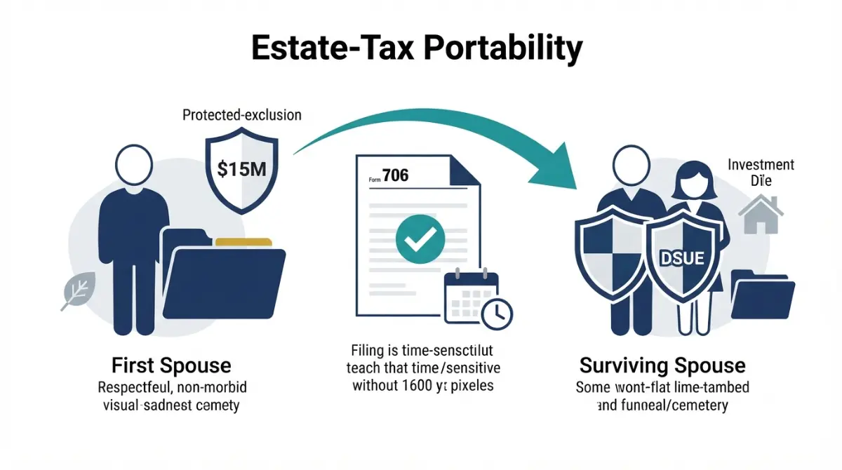 Estate Tax Exemption portability illustration showing Form 706 transferring a deceased spouse’s unused exclusion to a surviving spouse