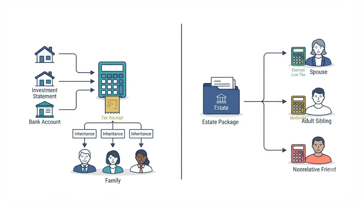States with inheritance tax explained in a vector diagram showing estate tax paid from one estate and inheritance tax calculated separately for multiple heirs
