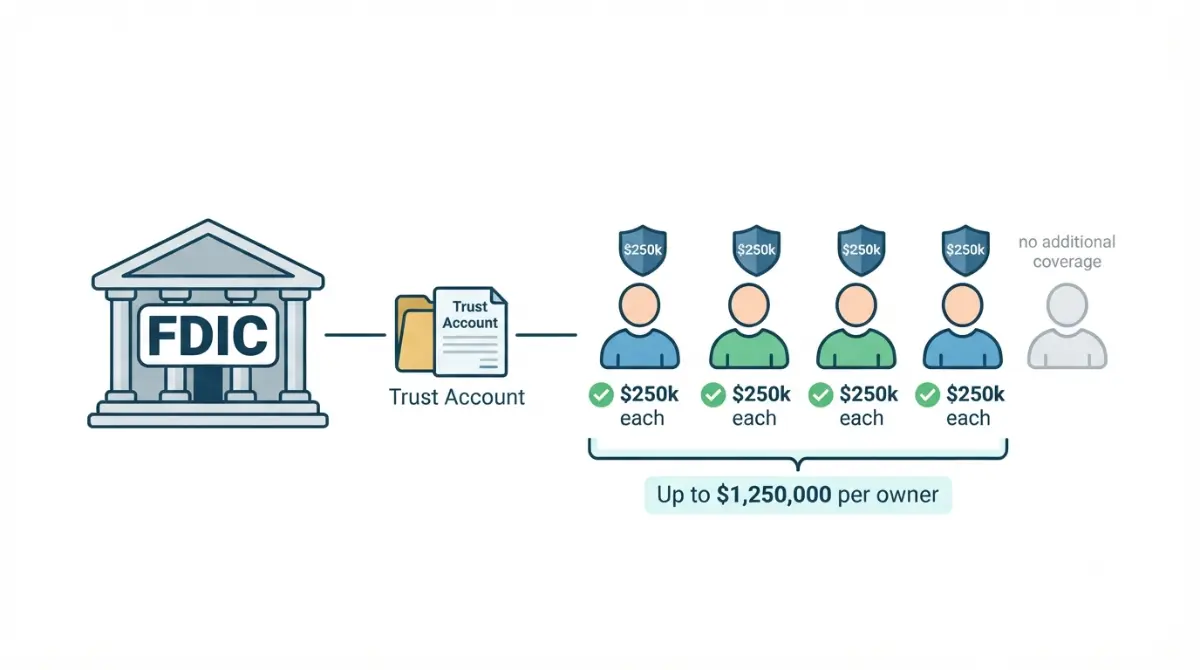 Vector illustration of FDIC insurance for a living trust account showing $250,000 coverage per eligible beneficiary up to a $1,250,000 cap per owner