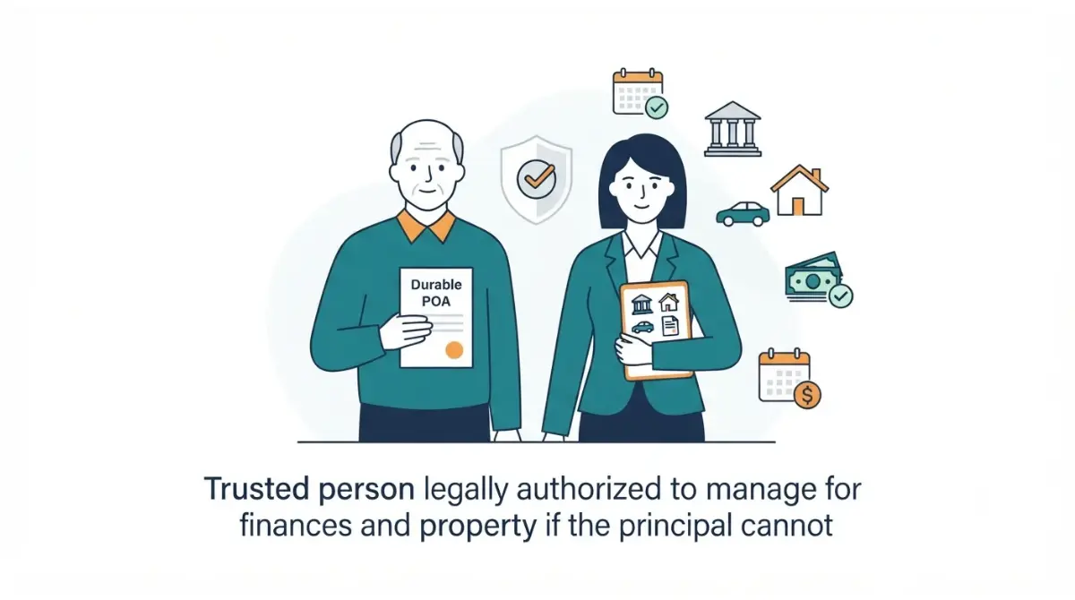 Professional vector illustration of a trusted agent managing finances and property under a Durable Power of Attorney