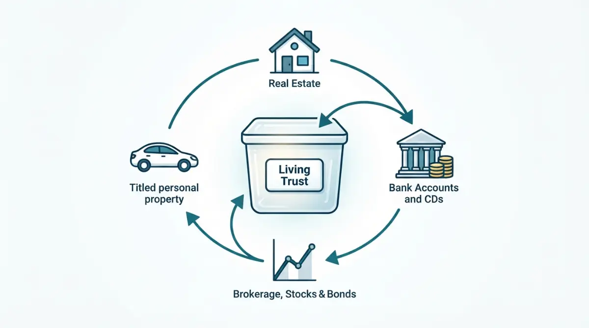 Vector illustration of a living trust as an empty container with arrows showing a house, bank, stocks, and car moving into it to represent trust funding