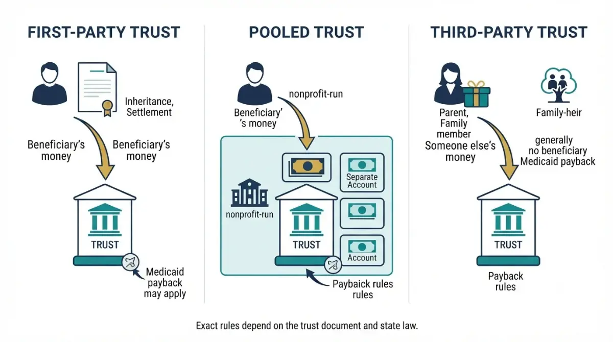 Special Needs Trust comparison showing first-party pooled and third-party funding sources