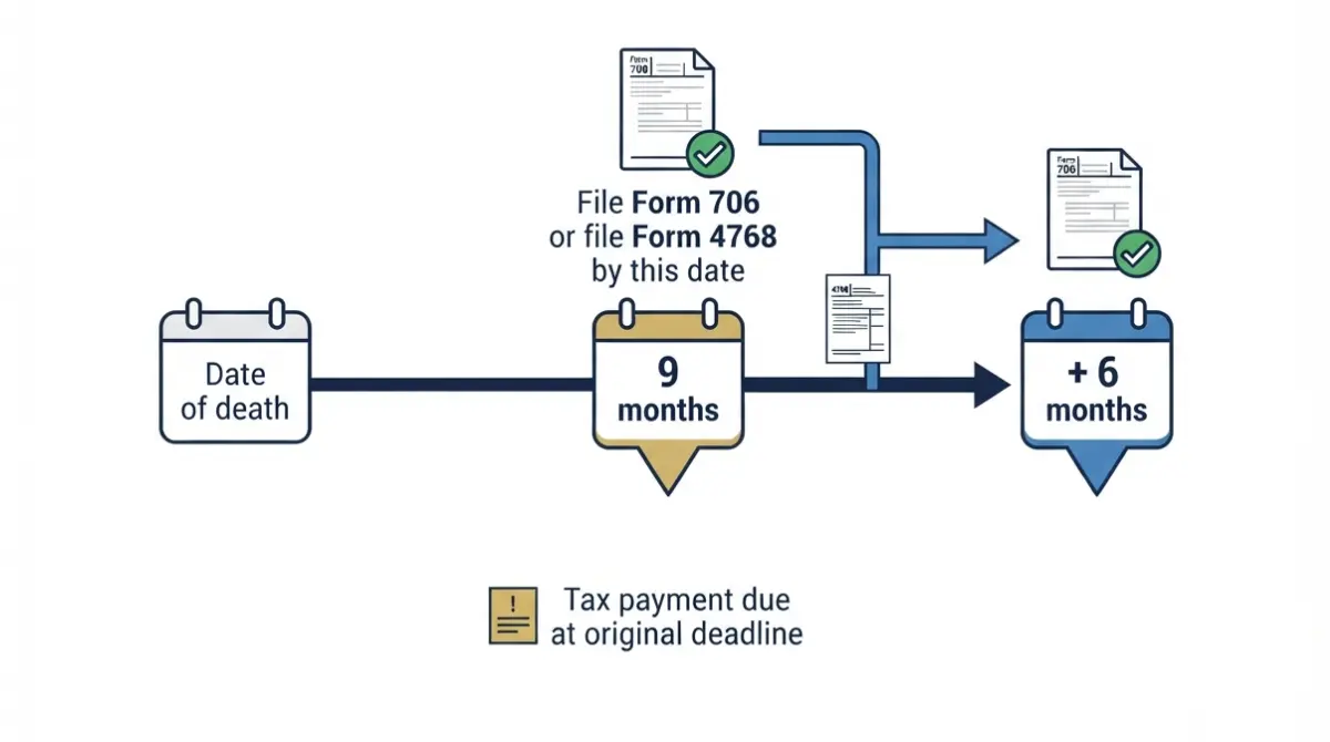 “Portability Election timeline showing the nine-month Form 706 deadline and six-month extension available by timely filing Form 4768.”
