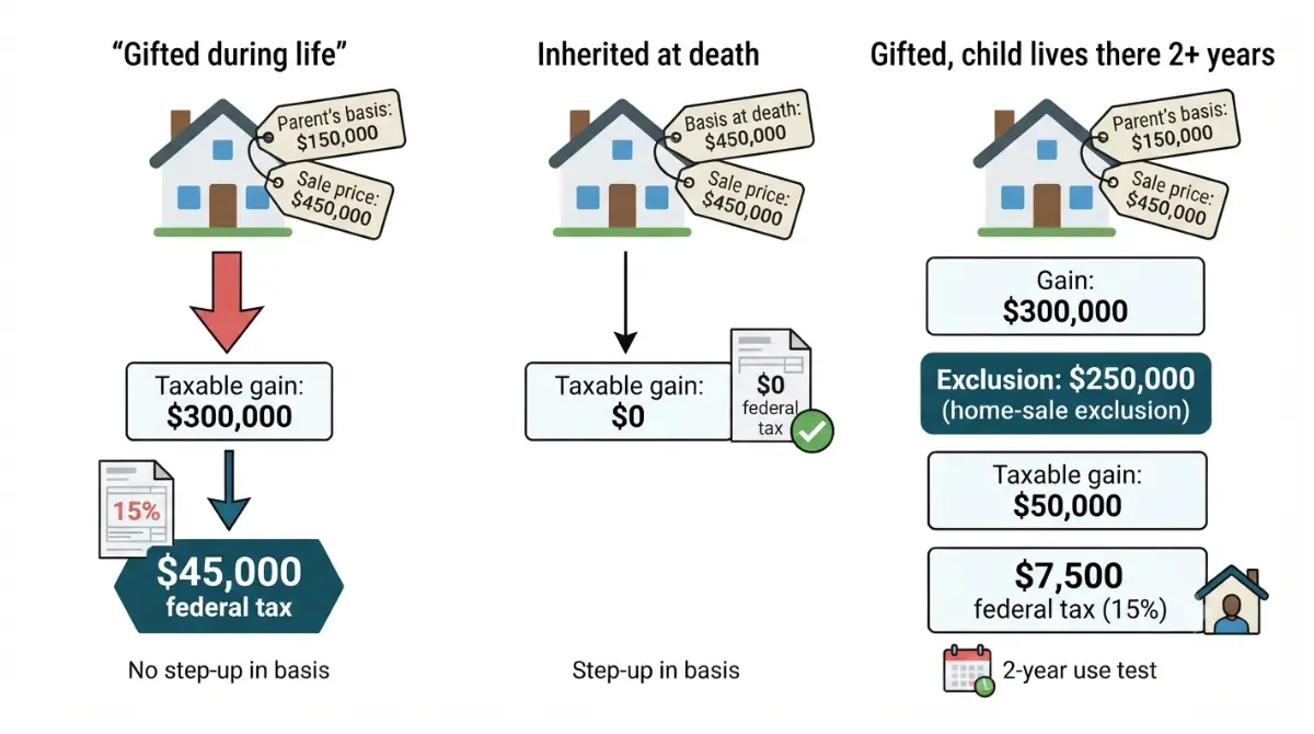 Infographic showing $45,000 capital gains tax on gifted house versus $0 tax on inherited house in a House vs Inheritance example
