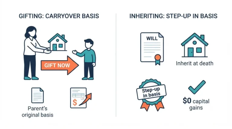 Vector illustration of gifting a house now versus leaving it as inheritance, showing House vs Inheritance tax outcomes