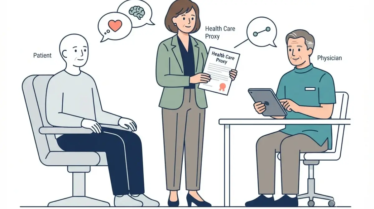 Living Will vs Health Care Proxy illustration showing a health care proxy speaking with a doctor