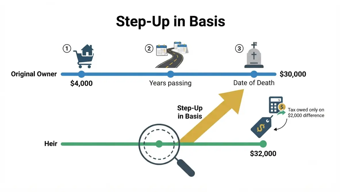 Vector diagram explaining how step-up in basis works on inherited shares showing original owner timeline and heir timeline with date-of-death reset