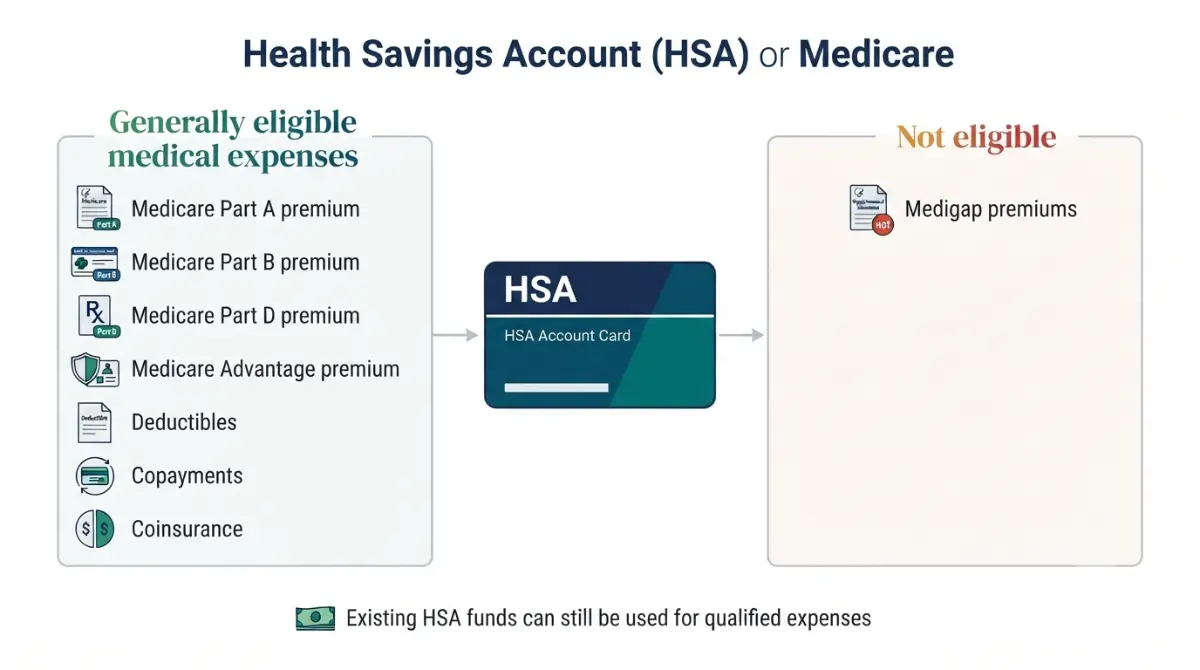 HSA and Medicare Rules: HSA spending guide showing Medicare expenses that generally qualify and Medigap premiums that do not