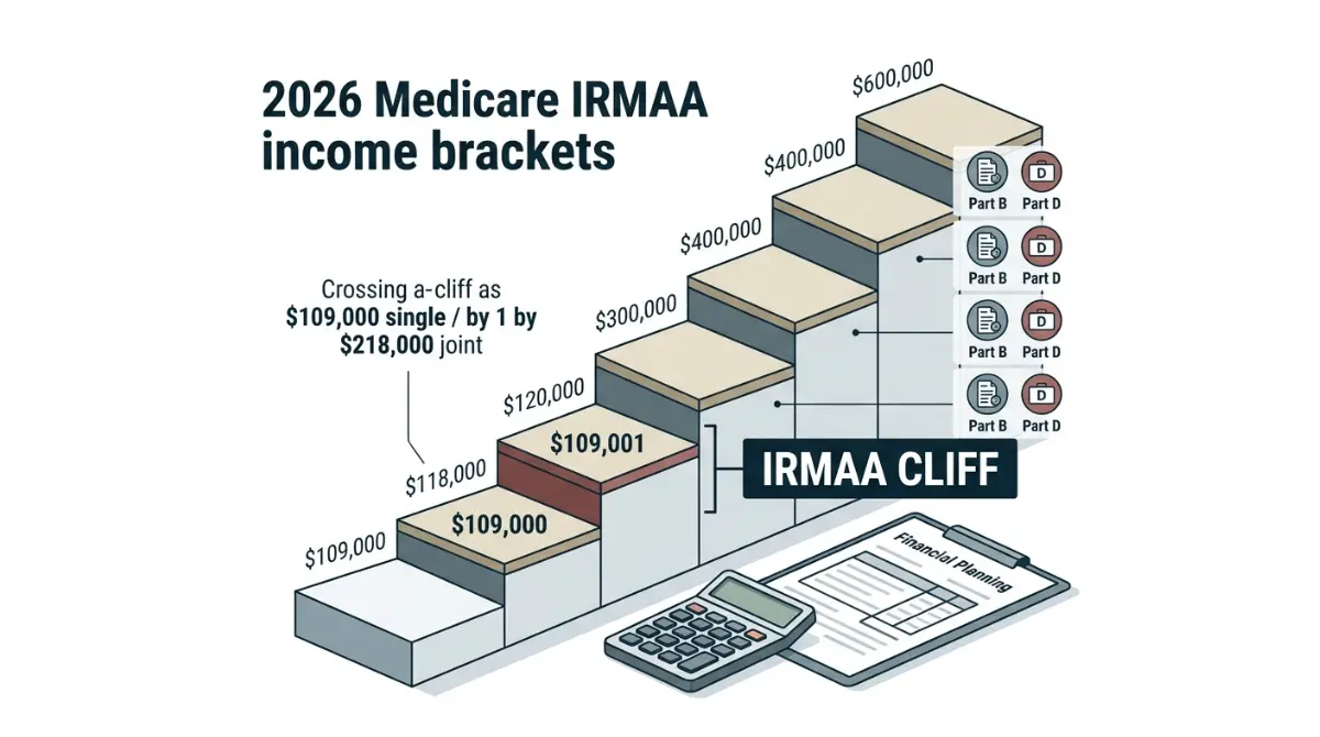 IRMAA Income Lookback showing 2026 Medicare income brackets and the IRMAA cost cliff