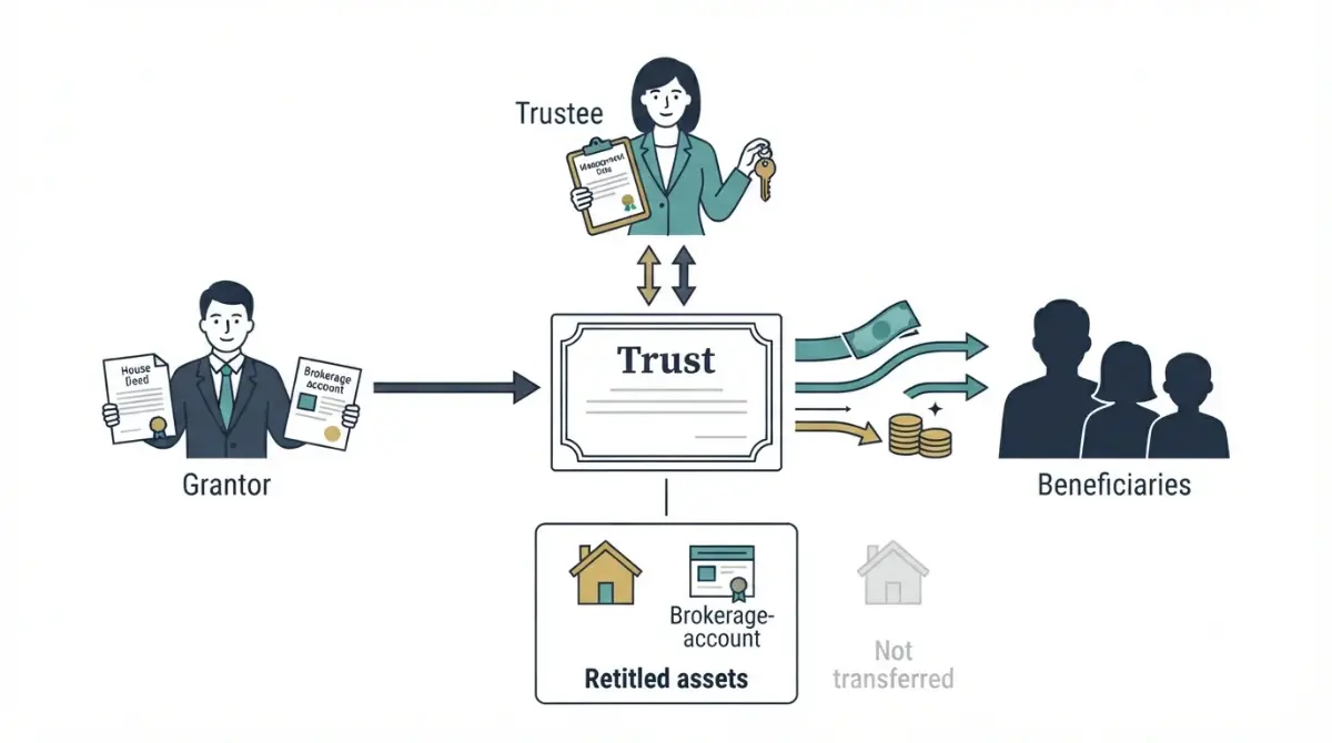 Irrevocable Trust shows a grantor transferring assets to a trustee who manages them for beneficiaries.