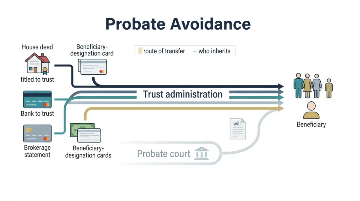 Living trust illustration comparing trust administration with probate for assets titled inside and outside the trust