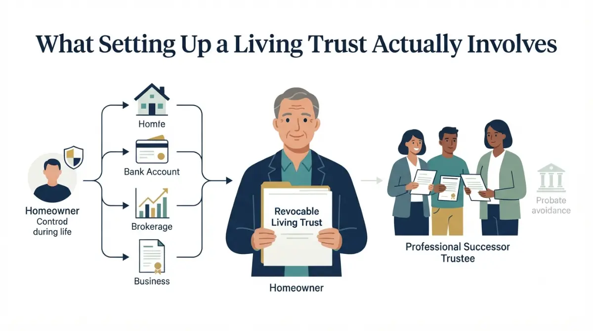 Living trust diagram showing a homeowner placing property and financial assets into a trust for beneficiaries