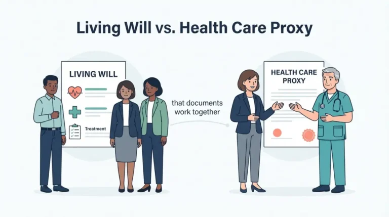 Living Will vs Health Care Proxy comparison showing treatment instructions and a trusted medical decision-maker