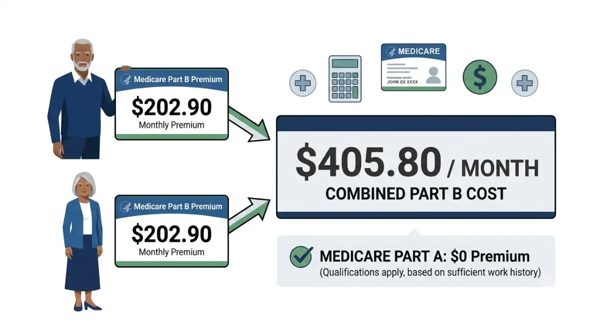 Medicare Cost showing two $202.90 Part B premiums totaling $405.80 per month for a married couple