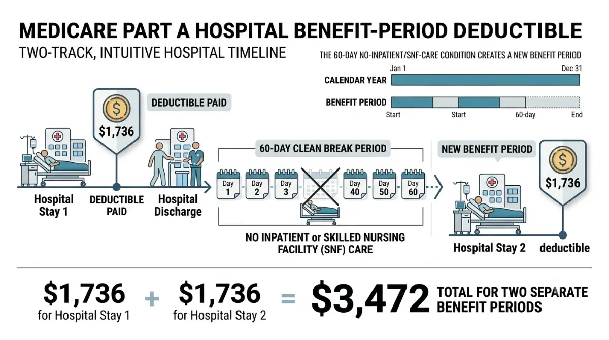 Medicare Cost Per Year Part A benefit period showing the $1,736 hospital deductible and two separate benefit periods