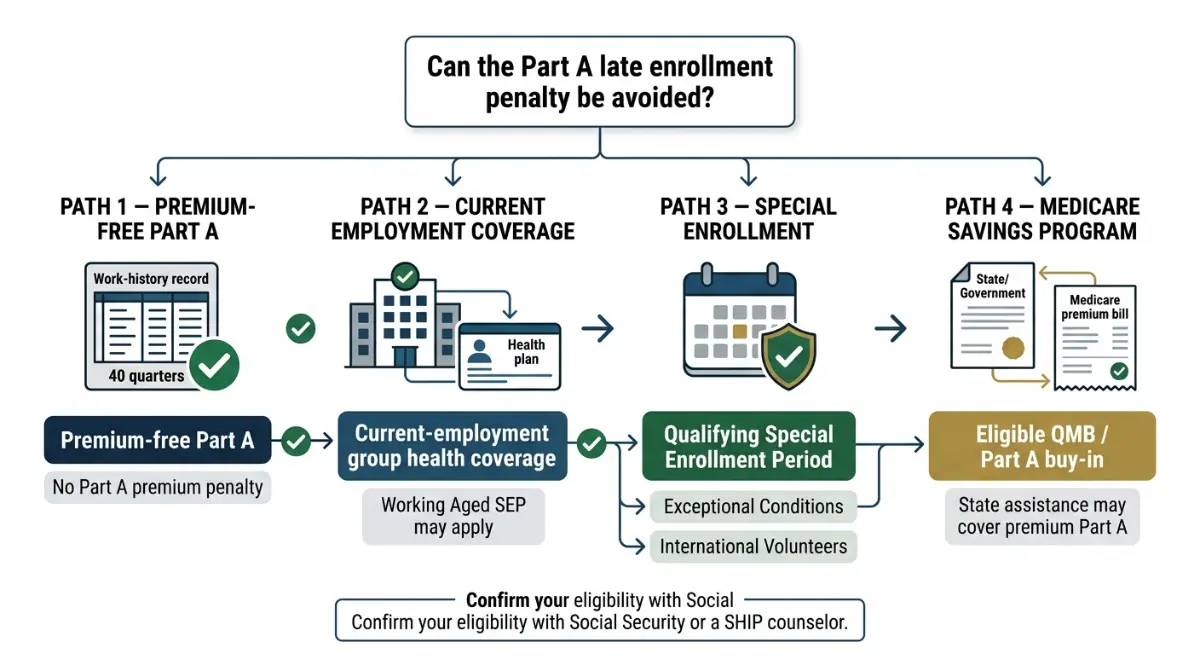 Medicare Part A Late Enrollment Penalty exceptions showing premium-free Part A, employer coverage, Special Enrollment Periods and QMB assistance