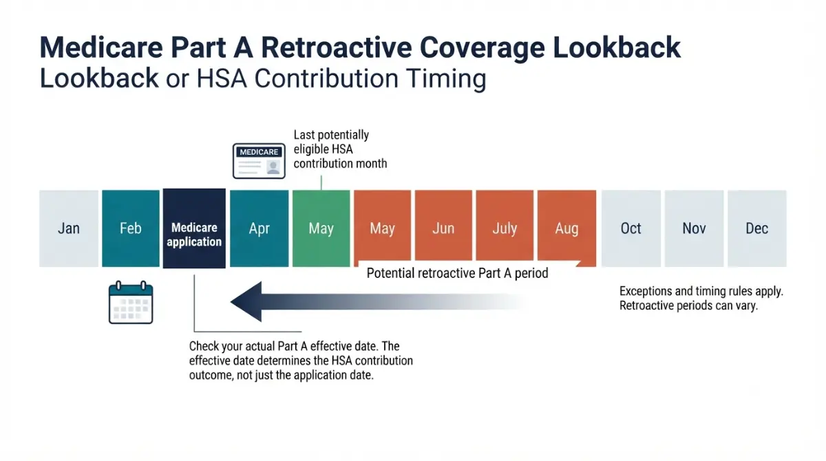 HSA and Medicare Rules: Medicare Part A retroactive lookback timeline showing the HSA contribution cutoff