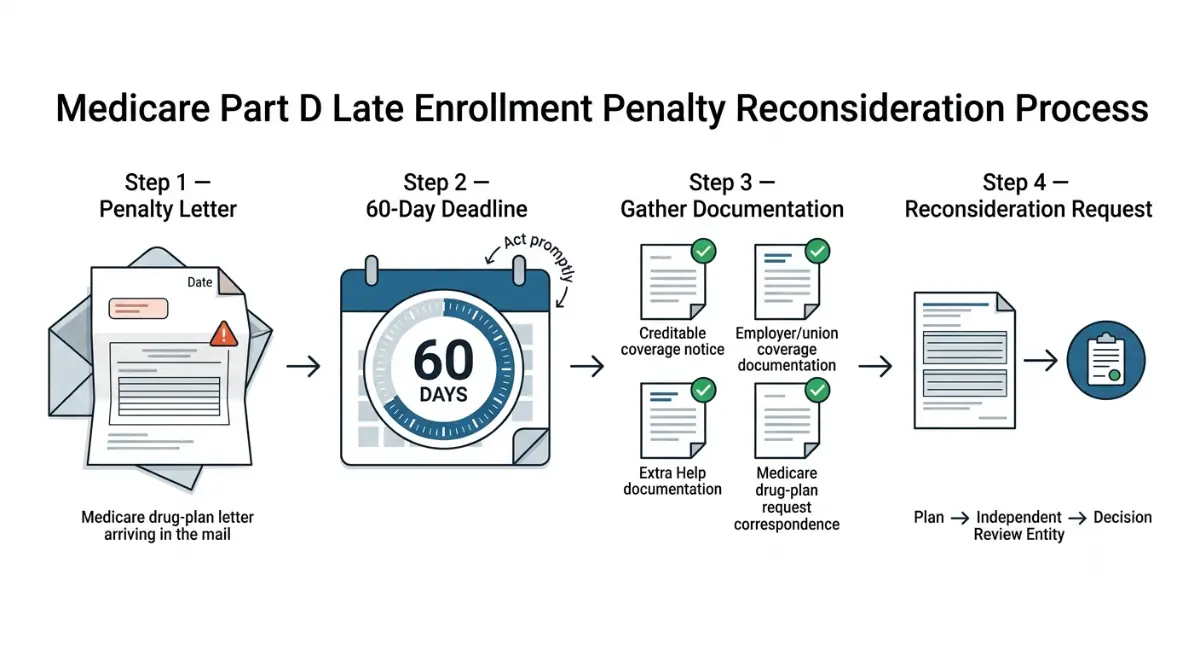 Medicare Part D late enrollment penalty appeal process showing 60-day deadline and reconsideration steps