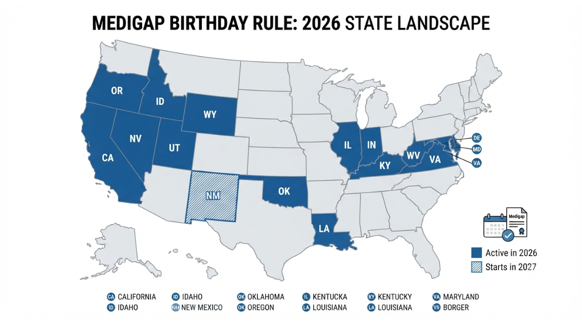 Medigap Birthday Rule states in 2026 with active state protections and New Mexico starting in 2027