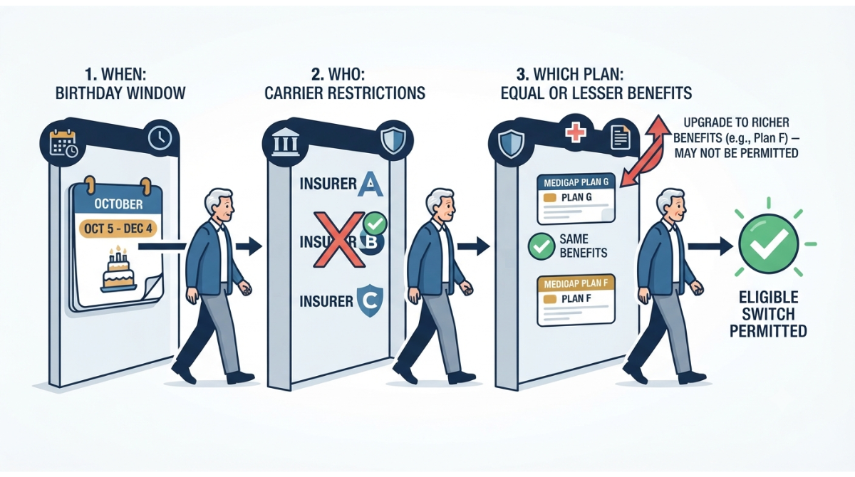 Medigap Birthday Rule showing three restrictions for switching plans, carriers, and timing