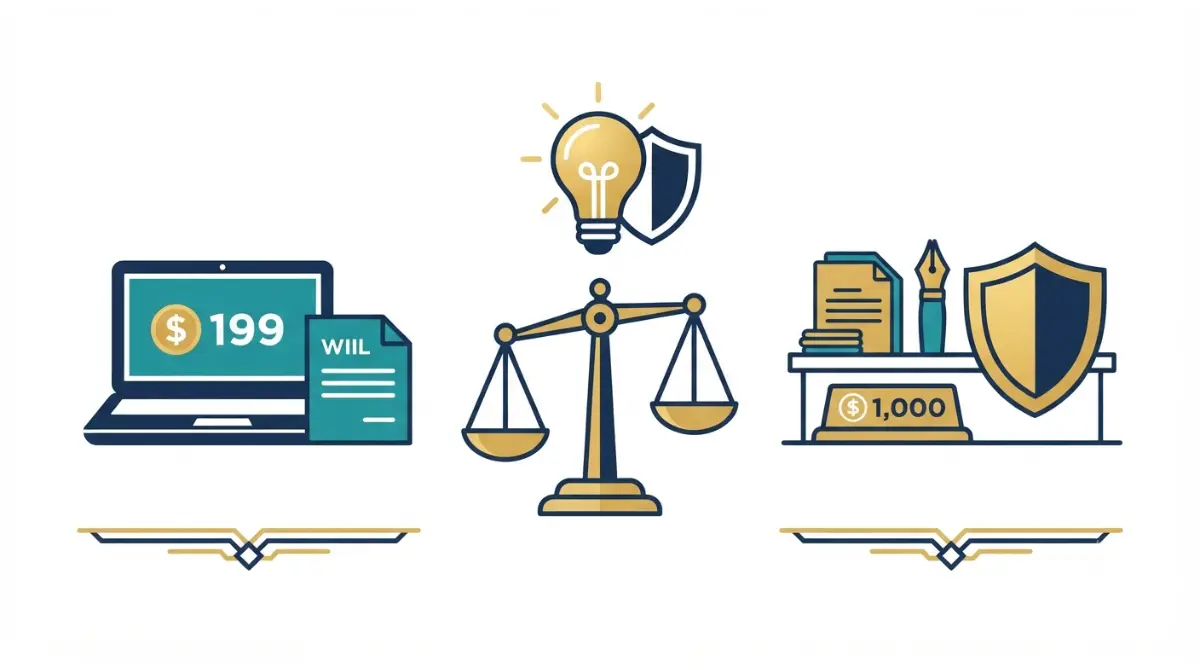 “Visual cost comparison between $199 online will and $1,000 Lawyer-drafted will with value indicators”