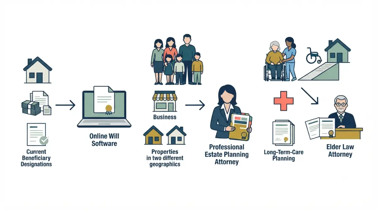 Estate Planning decision tree comparing online will software, an estate attorney, and an elder law attorney