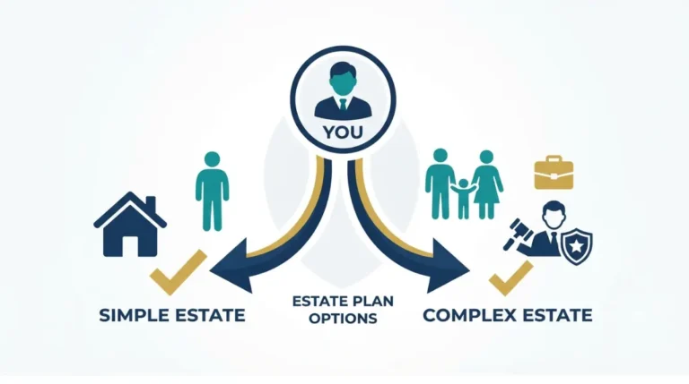 “Decision matrix showing when to use an online will vs hire a Lawyer based on estate complexity”