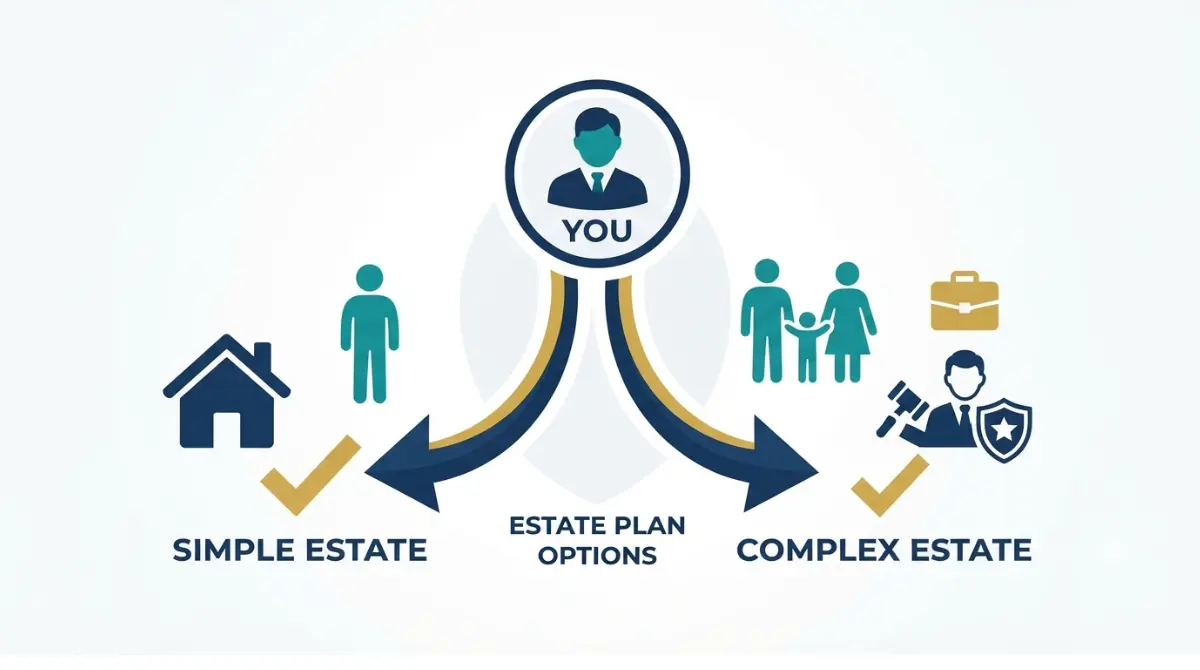 “Decision matrix showing when to use an online will vs hire a Lawyer based on estate complexity”