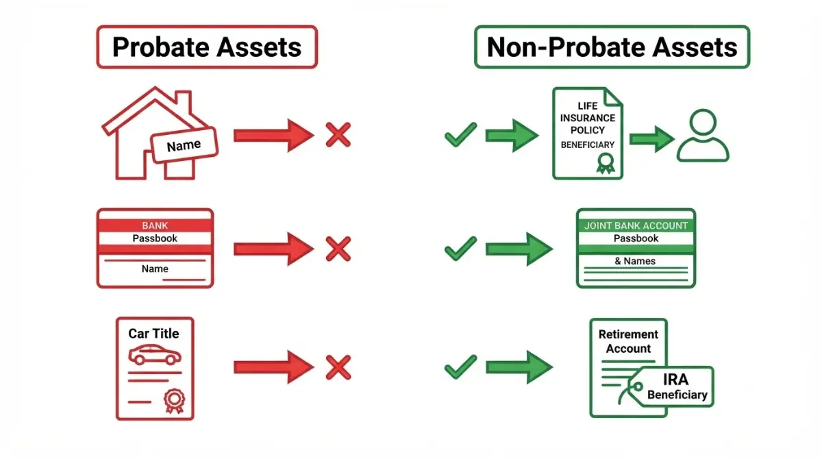 Parent Died Without a Will: Probate vs non-probate assets diagram — sole name vs beneficiary accounts